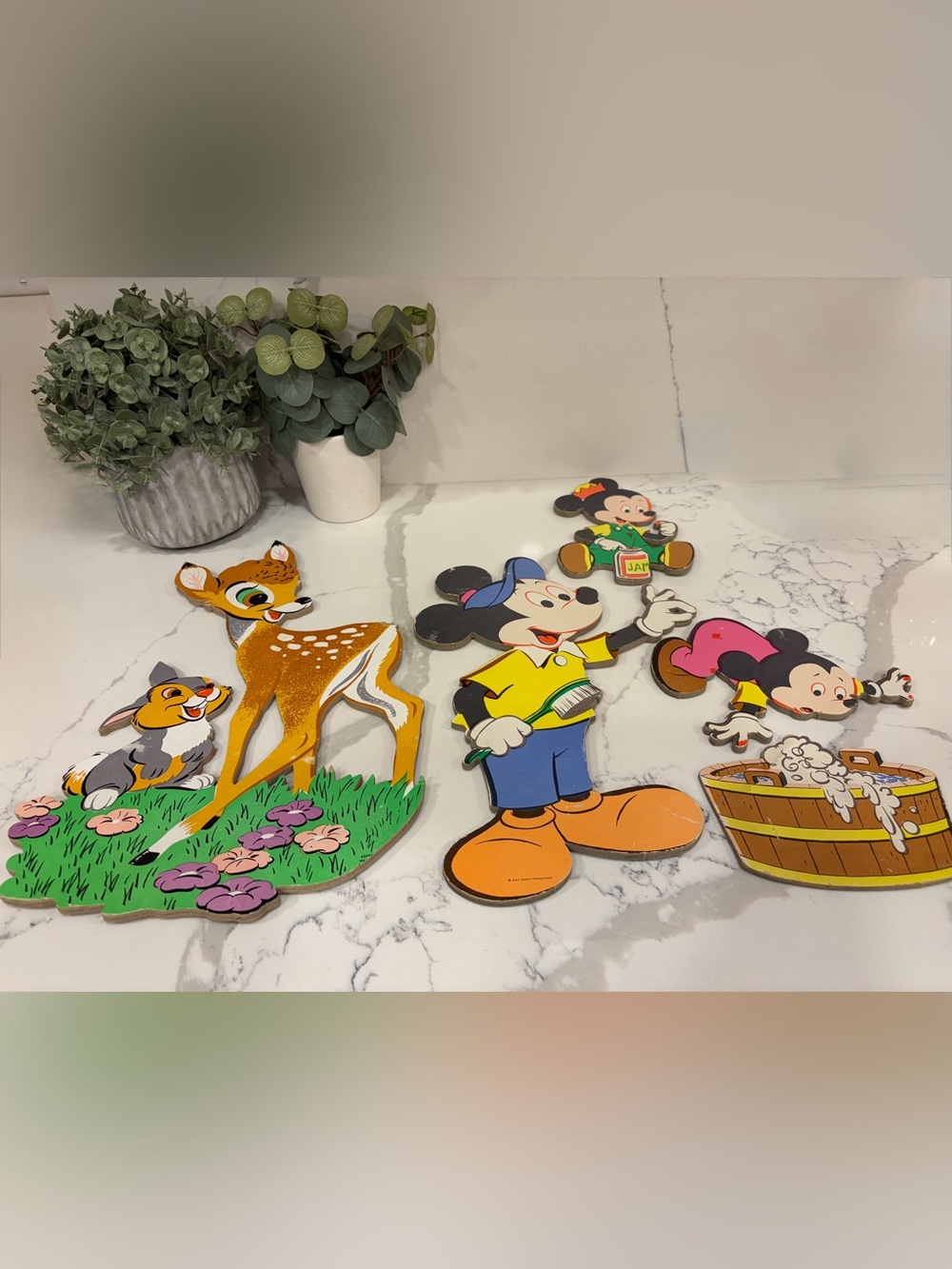 Vintage Disney Wooden Wall Decor Plaques Lot Mickey Mouse & Bambi Thumper 1970s